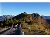 Sentiero Pellegrini – pot po razglednih vrhovih v bližini Garde Jutranji začetek. Spredaj lovska koča, žal ta dan polna zagretih lovcev