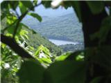 Pogled proti Bohinjskemu jezeru z razgledišča pri slapu Savica.
