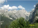 Planota Pradel 1540m-Dolomiti di Brenta pogled proti vrhovom pod katerimi poteka celotna ferrata Bocchette,levo je dobro viden Campanile Basso