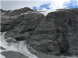 Grand Roc Noir 3582m Stranski desni del začetka strmega žleba in v bistvu že najvišji greben masiva gore