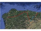 Camino Vadiniense - neznana pot proti Santiagu GPS sled. Modra črta je Camino Vadinense, dolg 121 kilometrov, drugi del celotne prehojene poti