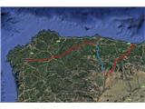 GPS sled. Modra črta je Camino del Salvador , dolg 132 kilometrov, tretji del celotne prehojene poti
