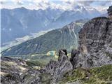 Lustige Bergler Steig in Innsbrucker Klettersteig - zavarovani poti nad Innsbruckom Kalkkögel: pogled nazaj na izpostavljeno polico