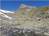 Dva dni v okolici Franz-Senn-Hütte (Stubajske Alpe) - Rinnenspitze (3003 m; 7SS), Rinnensee, ferati Na poti proti Rinnenspitze III.: pred nami se razkrije prvi cilj dneva - Rinnenspitze, in skrotje, ki ga moramo premagati do vršnega grebena