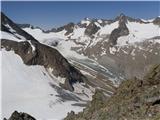 Sommerwanda: Innere (3122 m) in Vordere (2715 m)* - Franz-Senn-Hütte (večer+2. dan) Innere Sommerwand: pogled s sedla Kraülscharte na drugo stran proti velikemu ledeniku Alpeiner