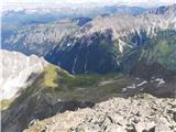 20.-21. julij 2020: Habicht (3277 m) in Kalkwand Pogled s sestopa proti koči in jezeru Alfaier