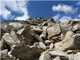 Hohe Geige (3394 m) - prvak severnega dela gorstva Poplezavanje preko krušjivih in nestablnih skal - pogled navzgor I.