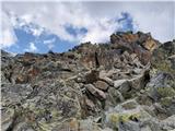 Hohe Geige (3394 m) - prvak severnega dela gorstva Poplezavanje preko krušjivih in nestablnih skal - pogled navzgor II.