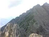 Innsbrucker klettersteig T2 I.: grebenski prehod; kljub slabi kvaliteti je lepo moč videti plezalca na grebenu. V ozadju Vordere Brandjochspitze