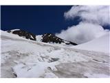 Vzpon po ledeniku Taschach III.: pogled proti vrhu Wildspitze. Lepo so vidni vzpenjajoči se po zaključnem grebenu in križ na vrhu