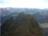 Mogočni Piz Linard (3410 m) z okolico, 25.-26.8.2020 (Silvretta) Pogled nazaj: na vrh prečimo preko ali pod številnimi grebenskimi stolpi
