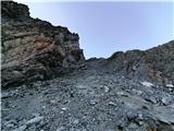 Mogočni Piz Linard (3410 m) z okolico, 25.-26.8.2020 (Silvretta) Pogled nazaj: vstop v začetno grapo običajne smeri I.