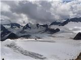 Klasika Stubajskih Alp - Zuckerhütl (3507 m), Wilder Pfaff (3456 m) in Wilder Freiger (3418 m) Wilder Freiger - vrh II.: razgled proti ledeniku Übertalferner in goram nad njim; Becherhaus je na vzpetini na levi strani slike
