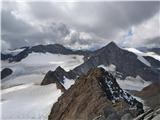 Klasika Stubajskih Alp - Zuckerhütl (3507 m), Wilder Pfaff (3456 m) in Wilder Freiger (3418 m) Wilder Freiger - vrh III.: pogled proti grebenu, ki vodi proti Muellerhütte, Wilder Pfaffu in Zuckerhütlu nad njim
