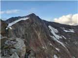 Klasika Stubajskih Alp - Zuckerhütl (3507 m), Wilder Pfaff (3456 m) in Wilder Freiger (3418 m) Pozni popoldan pri koči Becherhaus III: pogled proti prehojenemu grebenu s Signalgipfla