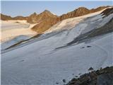 Klasika Stubajskih Alp - Zuckerhütl (3507 m), Wilder Pfaff (3456 m) in Wilder Freiger (3418 m) Prehod ledenika Übertalferner I.; pred nami Mueller Hütte ter vzhodni greben Wilder Pfaffa in koničasti Zuckerhütl nad njo
