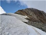 V iskanju Ötzija: Similaun (3606 m), Ötzi Fundstelle (3210 m) in Finailspitze (3514 m) Vzpon preko zaključnega grebena III.: ob manku zimske opreme se je potrebno izogniti ledeni prečnici; skale so neizmerno krušljive, zato se je najlažje-a tvegano-povzpeti preko zračne rezi na levi