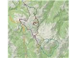 Pale di San Martino - samotni Dolomiti GPS sled prehojene poti. Vsak dan ima drugo barvo sledi