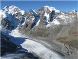 Engadiner Alps - ( Berninapass , St.Moritz , Diavolezza  -  Munt Pers 3207m ) Koča je vidna spodaj desno na rjavih travah nad peščenima prečnima razoma roba morene ledenika